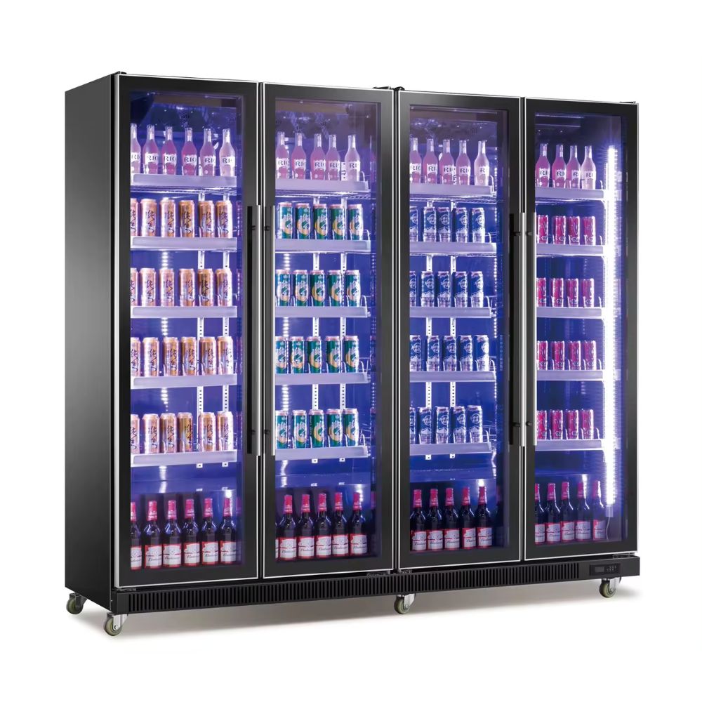 4 large glass doors provide easy access to your beverages while also adding an attractive design to your space.
